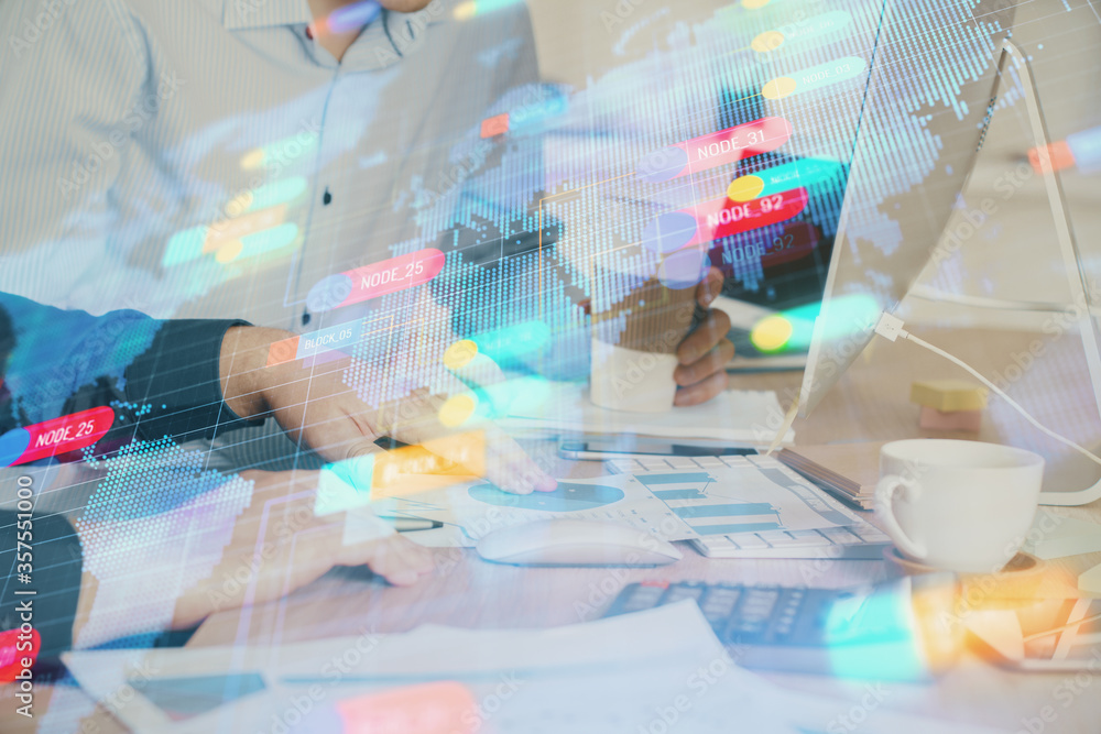 Double exposure of technology hologram with man working on computer background. Concept of big data. Double exposure of technology hologram with man working on computer background. Concept of big data.