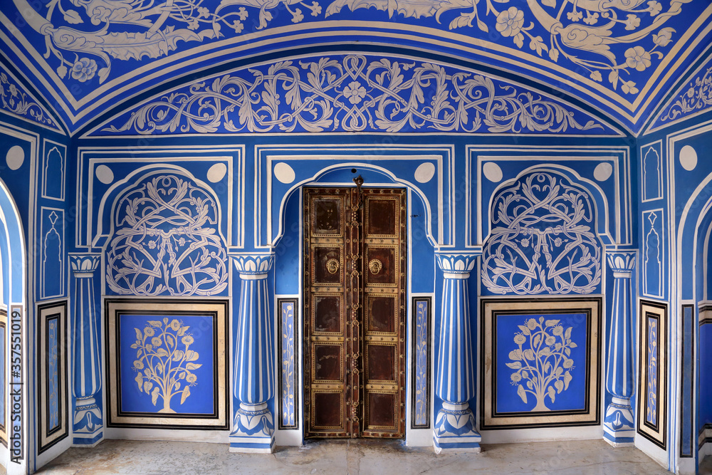 The Blue Palace in Chandra Mahal are beautifully adorned with blue and white coloured rooms in city palace jaipur, rajasthan, india April 2018. This room was used to enjoy the monsoon rain.