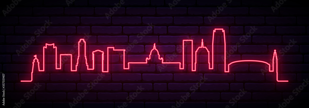 Fototapeta Red neon skyline of Oklahoma City city. Bright Oklahoma City long banner. Vector illustration.