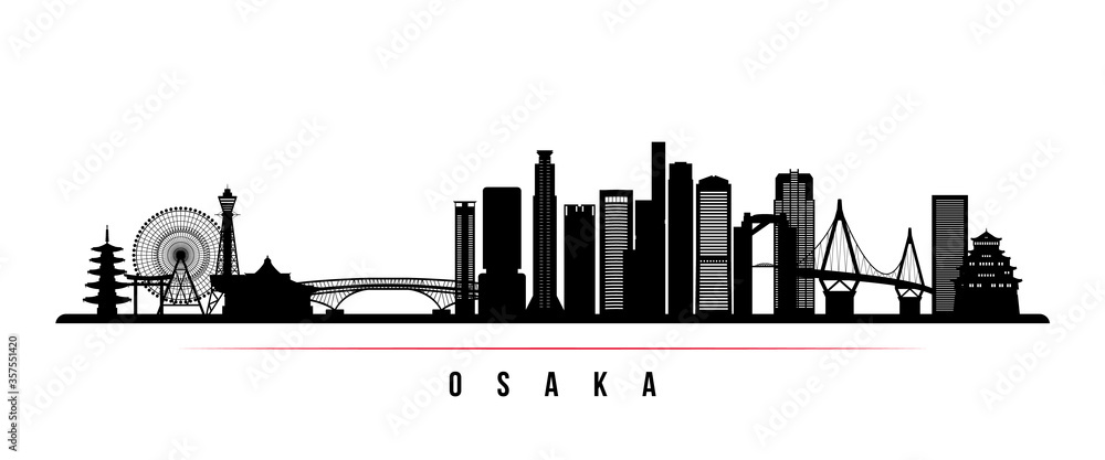 Obraz premium Osaka skyline horizontal banner. Black and white silhouette of Osaka, Japan. Vector template for your design.