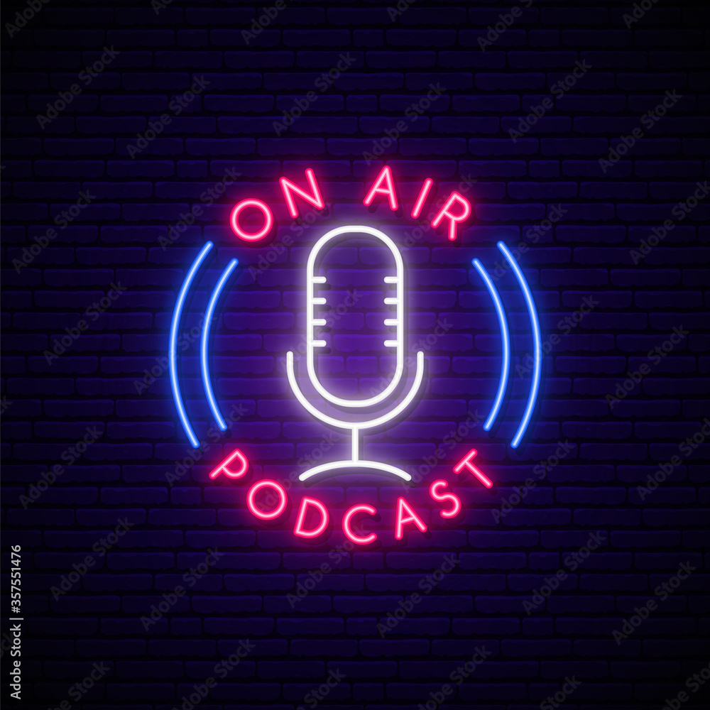 Neon Podcast sign. Bright glowing mic emblem and text On Air, Podcast ...