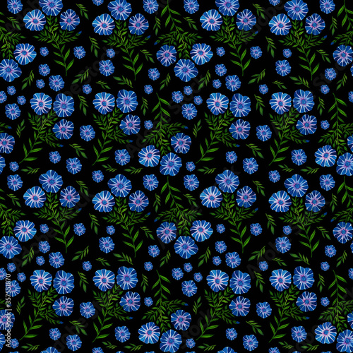 Watercolor seamless pattern of flowers on a black background.