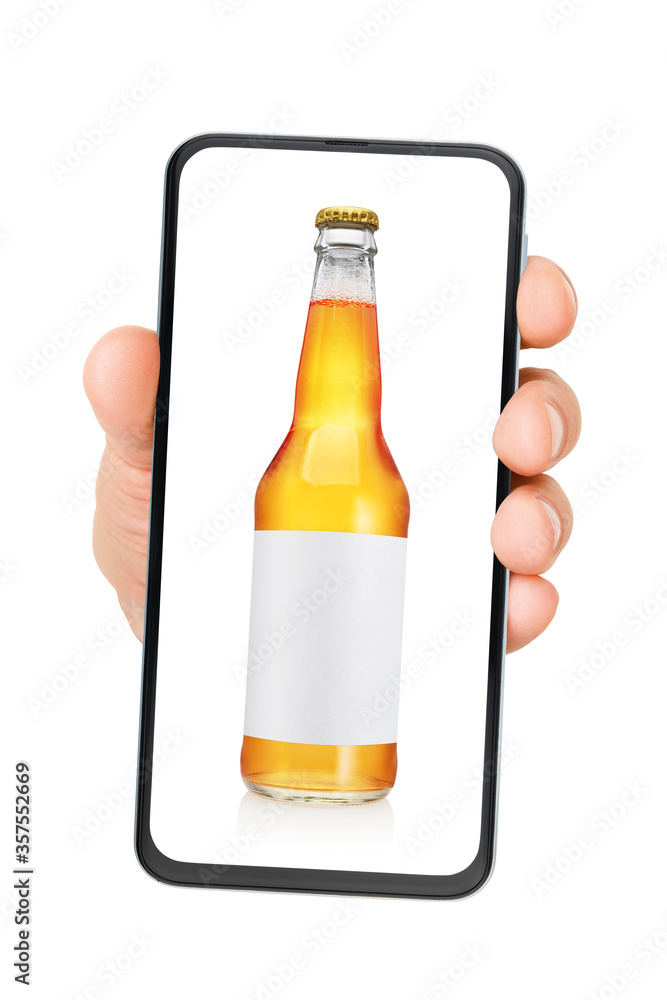 Hand holding smartphone with beer bottle on the screen isolated. Hand holding smartphone with beer bottle on the screen isolated.