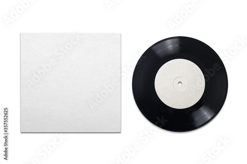 Vinyl phonograph record with cardboard cover on white background.