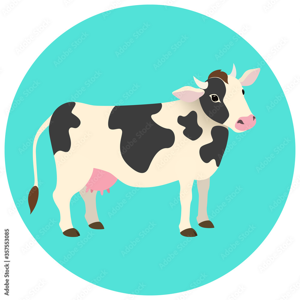 Cute white cow with black spots. Animal on light blue background. Vector illustration. Cute white cow with black spots. Animal on light blue background. Vector illustration.