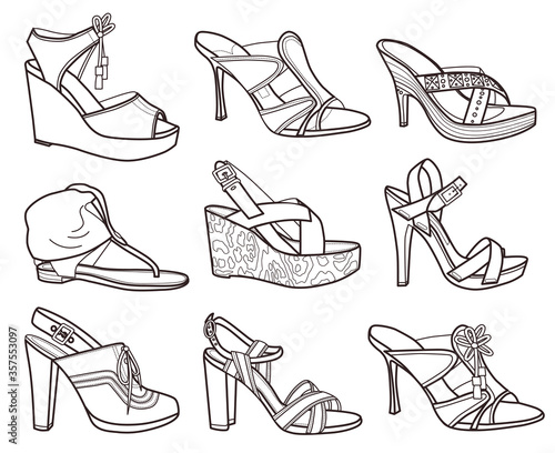 set of fashion shoes (coloring book, vector illustration).