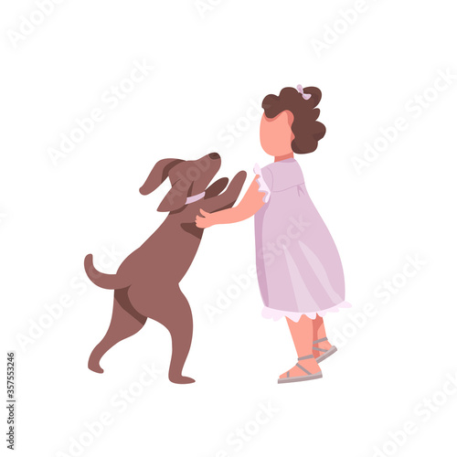 Girl play with dog flat color vector faceless characters