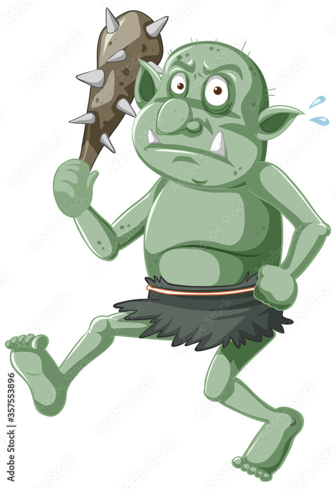 Dark green goblin or troll holding hunting tool in cartoon character isolated Dark green goblin or troll holding hunting tool in cartoon character isolated