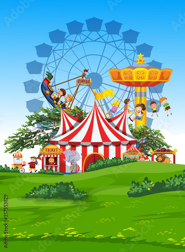 Cartoon amusement park with ferris wheel and kids playground