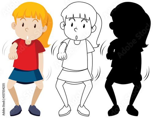 Girl in dance position in color and in outline and silhouette