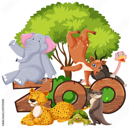 Group of animals under the tree with zoo sign