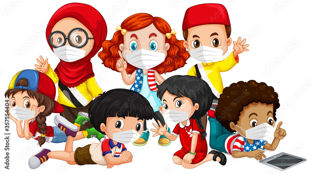 Multiple cultures kids wearing mask