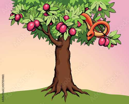 Serpent on the tree. Knowledge of good and evil. Vector drawing