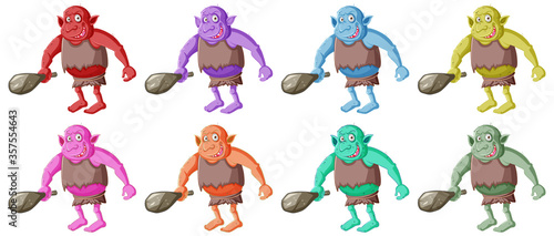 Set of colorful goblin or troll holding hunting tool with smail face in cartoon character isolated