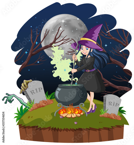 Witch with black magic pot cartoon style on dark forest background