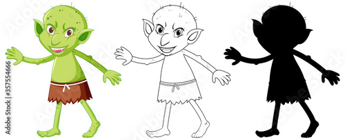 Goblin or troll in color and outline and silhouette in cartoon character on white background