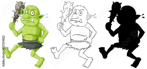 Goblin or troll holding hunting tool in color and outline and silhouette in cartoon character on white background