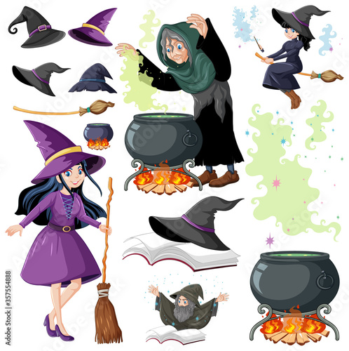 Set of wizard or witches and magic tools cartoon style isolated on white background