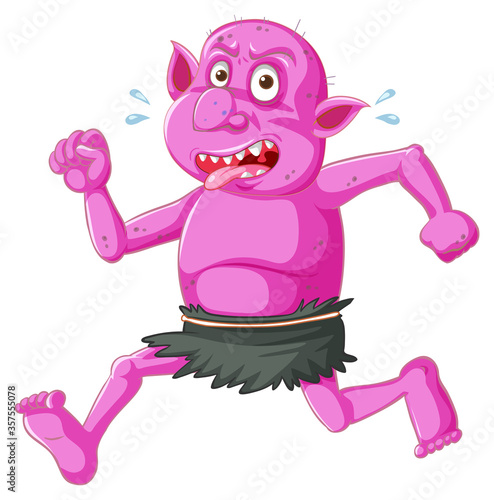 Pink goblin or troll running pose with funny face in cartoon character isolated