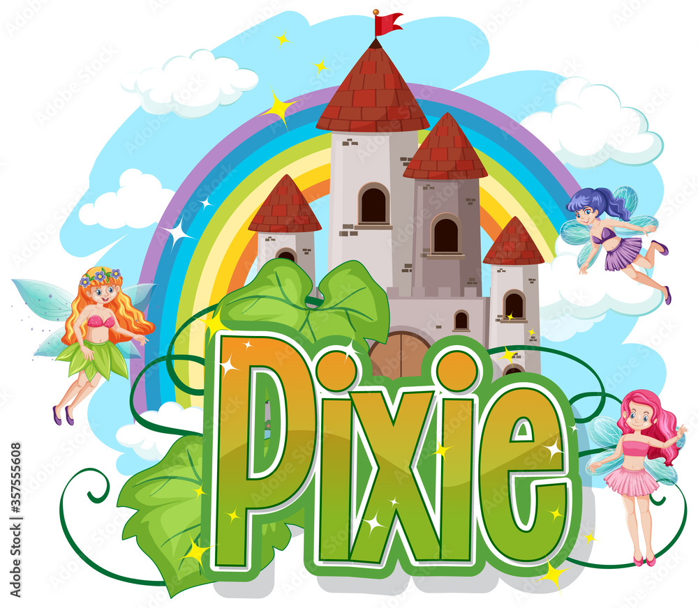 Pixie logo with little fairies on rainbow sky background