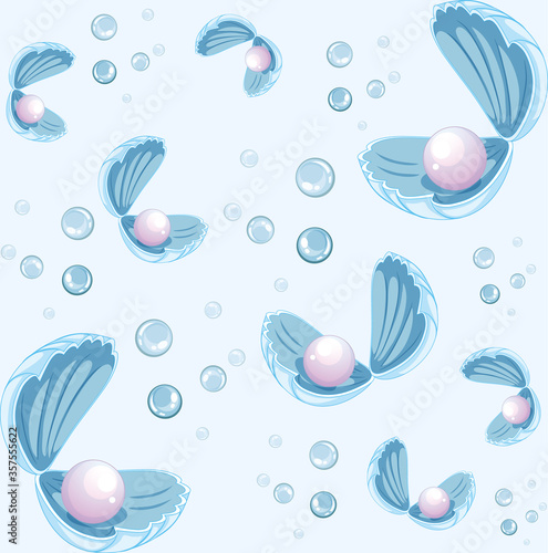 Set of pearl in shell cartoon style on blue background