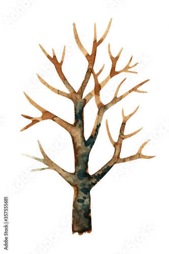 Watercolor illustration of a dark tree without leaves. Isolated on white background.