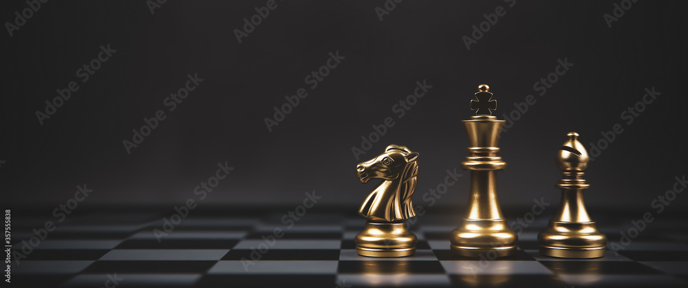 Golden chess team on chess board Concept of business strategic plan and professional teamwork and risk management. - obrazy, fototapety, plakaty 