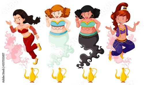 Different of genie girl magic lantern or aladdin lamp in color and silhouette isolated on white background