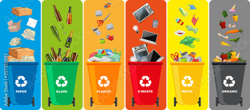 Colorful recycle bins with recycle symbol isolated on color background