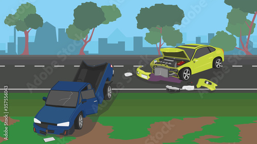 Car accident in the rear of a truck on an asphalt road outside the city area. The front saloon car is badly damaged and cannot be driven. And the pickup truck hit the side of the road.