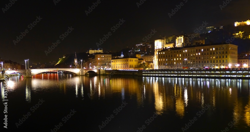 Europe, France, Auvergne Rhone Alpes region, city of Lyon, facade of building along the river
