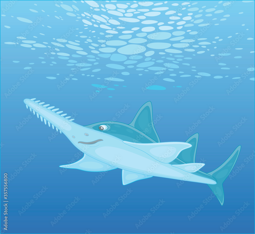 Obraz premium Large sinister marine largetooth sawfish swimming in blue water of a tropical sea, vector cartoon illustration