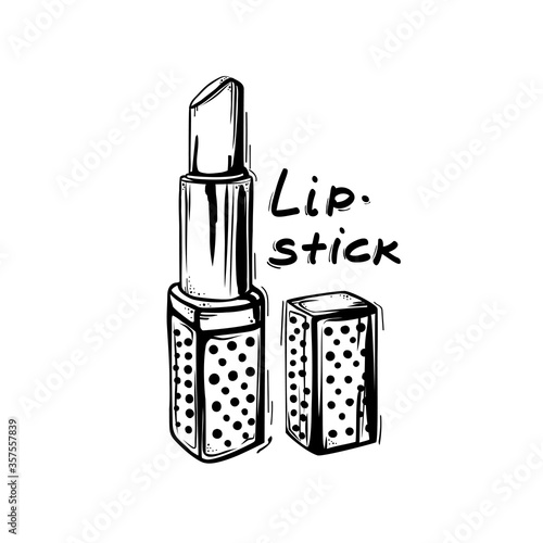 Lipstick inside . A hand-drawn sketch of a vector illustration on a white background. With the text.