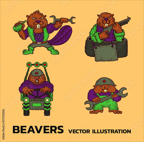 Beavers. Mechanics. Cartoon vector illustration set