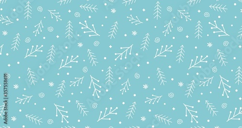 Seamless pattern with snowflakes and fir branches on a blue background. Loop animation 4K