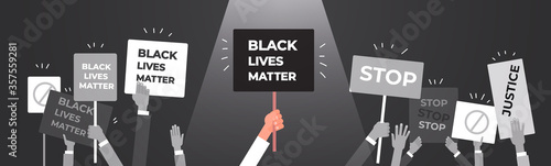 protesters hands holding black lives matter banner awareness campaign against racial discrimination of dark skin color support for equal rights of black people horizontal vector illustration.