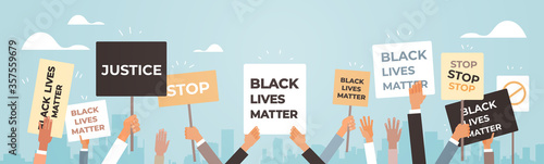protesters hands holding black lives matter banner awareness campaign against racial discrimination of dark skin color support for equal rights of black people horizontal vector illustration.