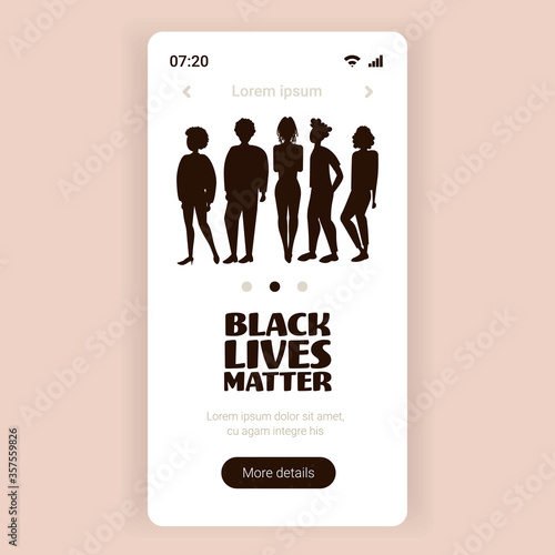 silhouettes of people against racial discrimination blackout tuesday black lives matter concept social problems of racism full length smartphone screen vector illustration