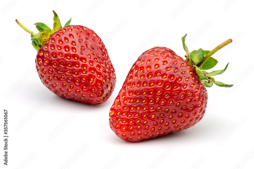 Two strawberries isolated on white background. Full depth of field with clipping path. Two strawberries isolated on white background. Full depth of field with clipping path.
