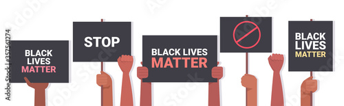 protesters hands holding black lives matter banner awareness campaign against racial discrimination of dark skin color support for equal rights of black people horizontal vector illustration.