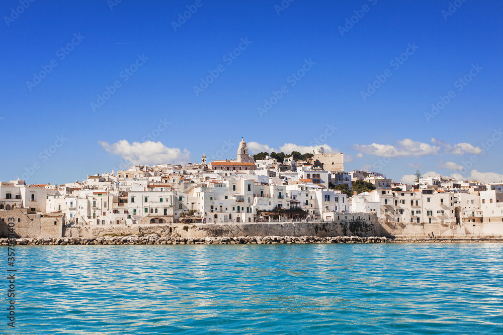 View of Vieste old town, Gargano, Puglia, Italy. Travel, tourist destination, vacations concept
