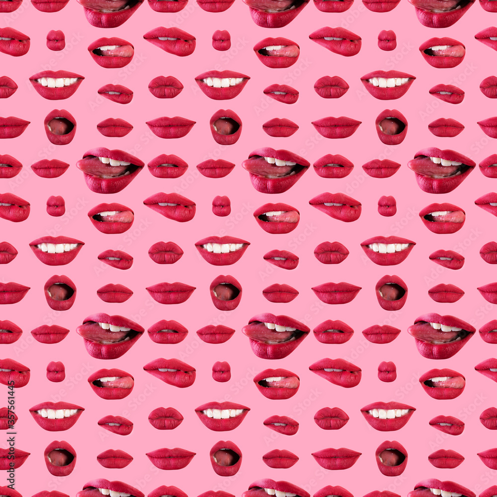 Seamless pattern of seductive beautiful female lips with different  emotions. Emotional woman's mouth gestures, collage over pink background.  Template for print, textile, box, wallpaper, cover design Stock Photo |  Adobe Stock