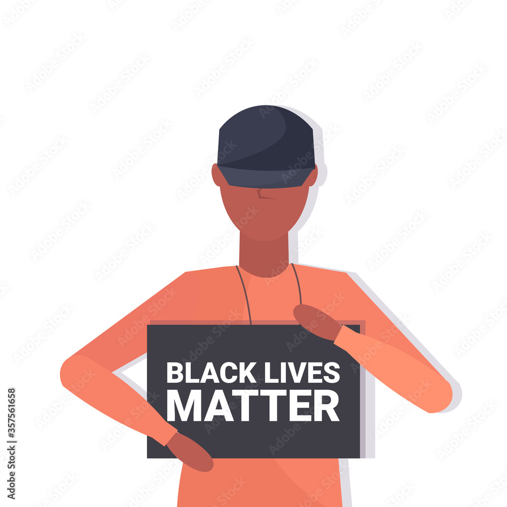 african american man holding black lives matter banner awareness campaign against racial discrimination of dark skin color support for equal rights of black people portrait vector illustration. african american man holding black lives matter banner awareness campaign against racial discrimination of dark skin color support for equal rights of black people portrait vector illustration.