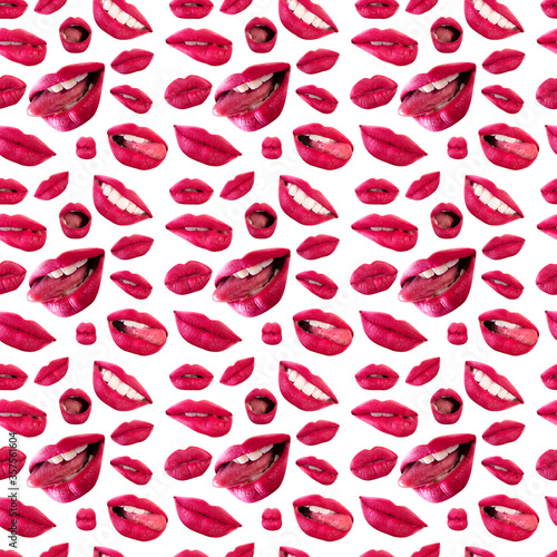 Seamless pattern of seductive beautiful female lips with different emotions. Emotional woman s mouth gestures  collage over white background. Template for print  textile  box  wallpaper  cover design