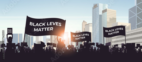 silhouette of protesters with black lives matter banners awareness campaign against racial discrimination of dark skin color support for equal rights of black people horizontal cityscape vector
