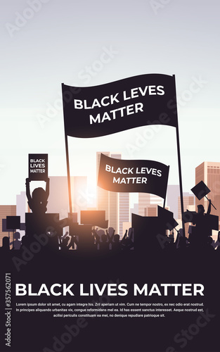 silhouette of protesters with black lives matter banners awareness campaign against racial discrimination of dark skin color support for equal rights of black people vertical cityscape vector