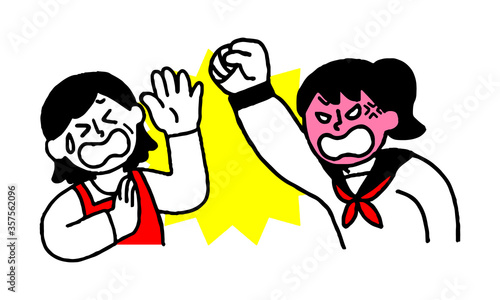 殴りかかる学生女子と暴力を受けるエプロン女性（シンプル）