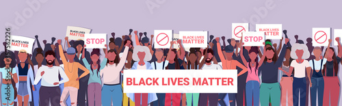african american protesters with black lives matter banners awareness campaign against racial discrimination support for equal rights of black people portrait horizontal vector illustration