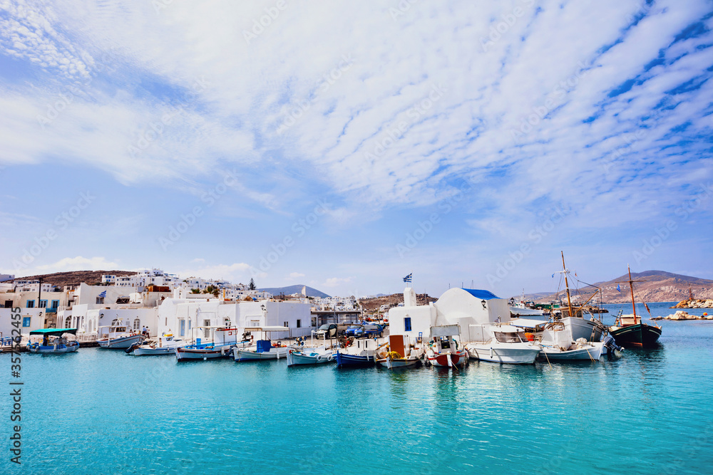Greek fishing village in Paros island, Naousa, Cyclades, Greece. Travel, tourist destination, vacations concept
