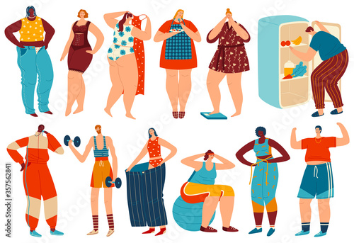 Weight loss vector illustration. Cartoon overweight obese woman man character losing fat after diet and fitness sport exercises, people lose obesity. Healthy transformation flat set isolated on white